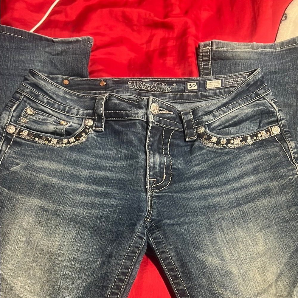 Miss Me Blue Boot Cut Jeans with Rhinestone Embellishments